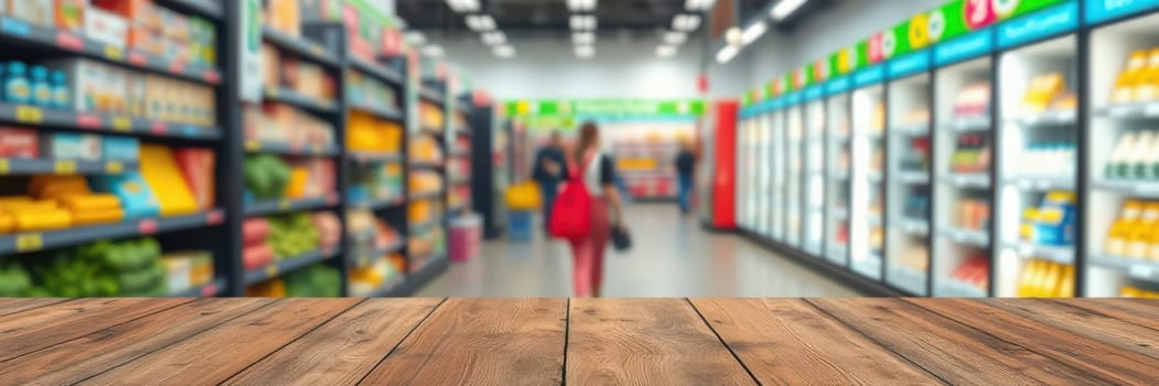 A bustling supermarket aisle filled with colorful products.