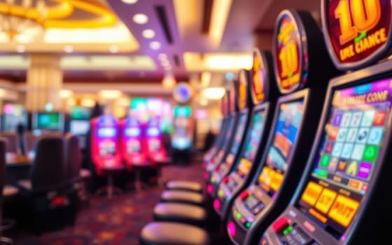 Brightly lit slot machines attract attention in a bustling casino. Players engage with the machines amidst the lively atmosphere and colorful displays, creating excitement in the evening.