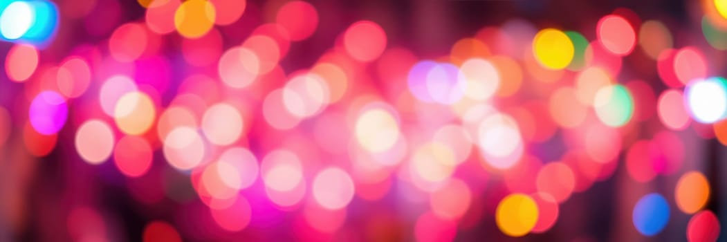 Bright, colorful lights create a lively atmosphere during a night festival. The blurred lights in various hues enhance the festive spirit, captivating onlookers and creating excitement.