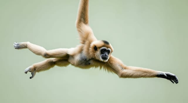 A gibbon displays its agility and grace as it swings through the air with outstretched limbs. the minimalist green background emphasizes the primate's movement, showcasing its strength and flexibility in the natural world.