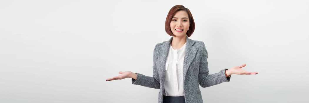 Banner of smiling asian woman welcoming guests clients