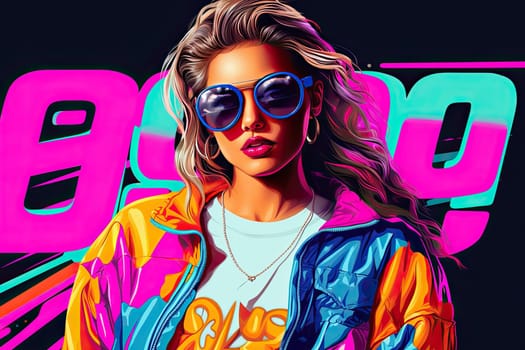 Neon illustration of a young woman in 90s retro style.