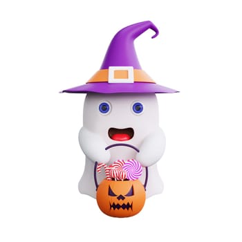 3D rendering of a surprised ghost holding a pumpkin basket and a lollipop, wearing a purple witch hat. Perfect for the Halloween season