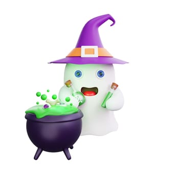 3D cartoon ghost with a purple witch hat, stirring a bubbling cauldron and holding a potion bottle. Perfect for the Halloween season