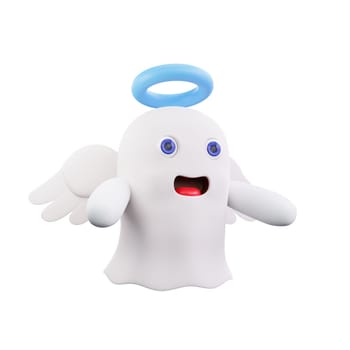 3D rendering of a cartoon ghost with a blue halo and white wings. Perfect for the Halloween season