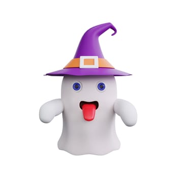 3D rendering of a cartoon ghost with a surprised expression, wearing a purple witch hat. Perfect for the Halloween season