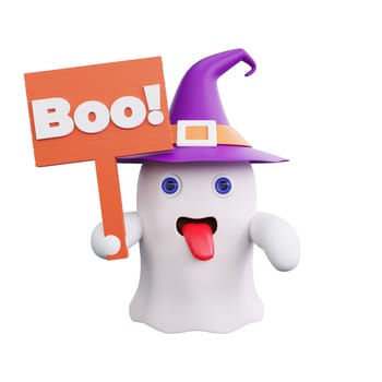 3D rendering of a playful ghost wearing a purple witch hat and holding a sign that says boo. Perfect for the Halloween season