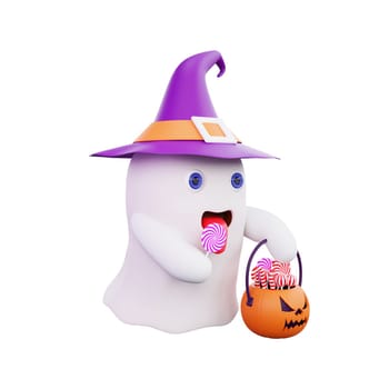 3D ghost with a purple witch hat, holding a pumpkin basket filled with candy and a lollipop in its mouth. Perfect for the Halloween season