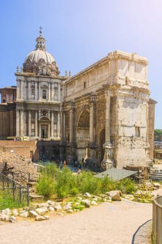 View of the Roman Forum with the Church of Saints Luca and Martina and the Arch of Septimius Severus