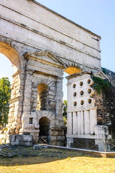 Vertical view of Porta Maggiore and the tomb of Eurysaces Baker, in Rome