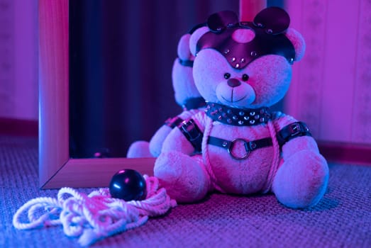 the toy bear in leather harness and accessory for BDSM games on a dark background in neon light near the mirror