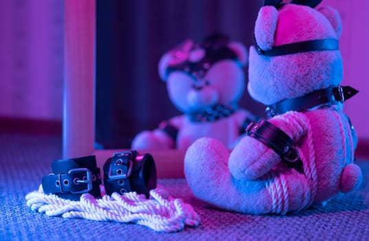 the toy bear in leather harness and accessory for BDSM games on a dark background in neon light near the mirror