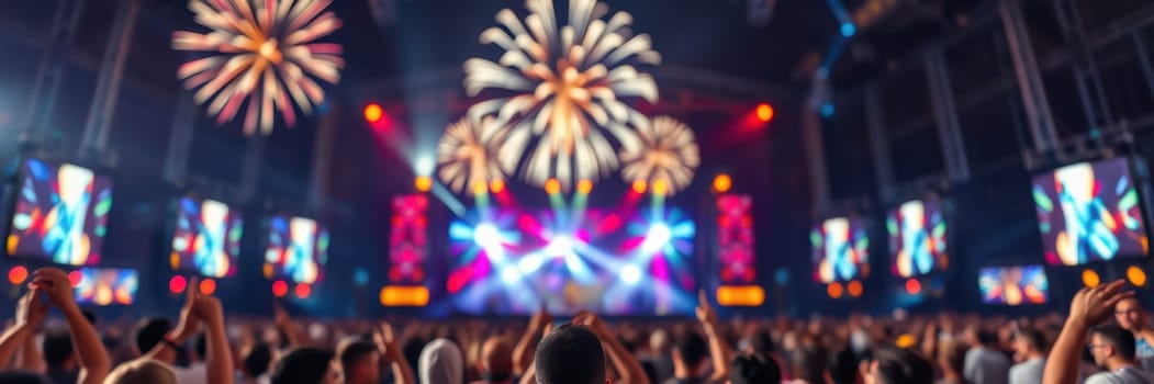 A large audience enjoys an electrifying concert experience as vibrant fireworks burst above the stage, filling the venue with energy and excitement late at night.