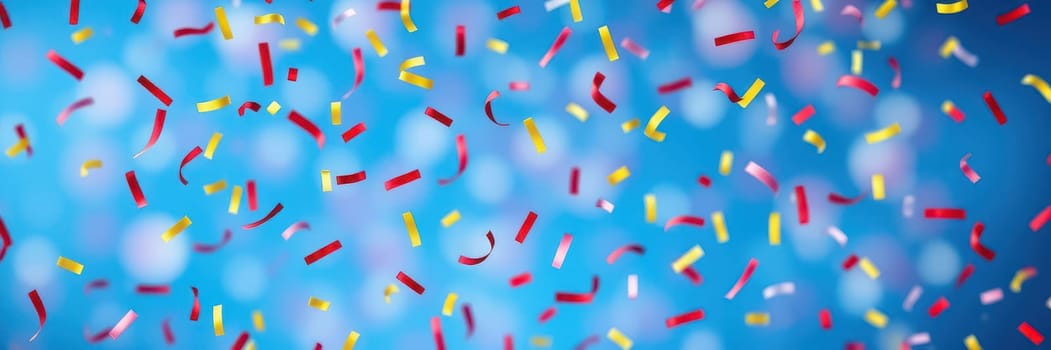 Colorful strips of confetti in red, yellow, and purple swirl through the air, adding excitement to a vibrant outdoor celebration on a sunny day.