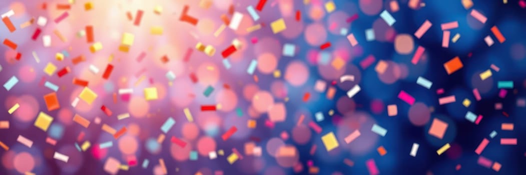 Brightly colored confetti descends amid a vibrant atmosphere of blurred lights, creating a joyful celebration during a festive indoor event, filled with excitement.
