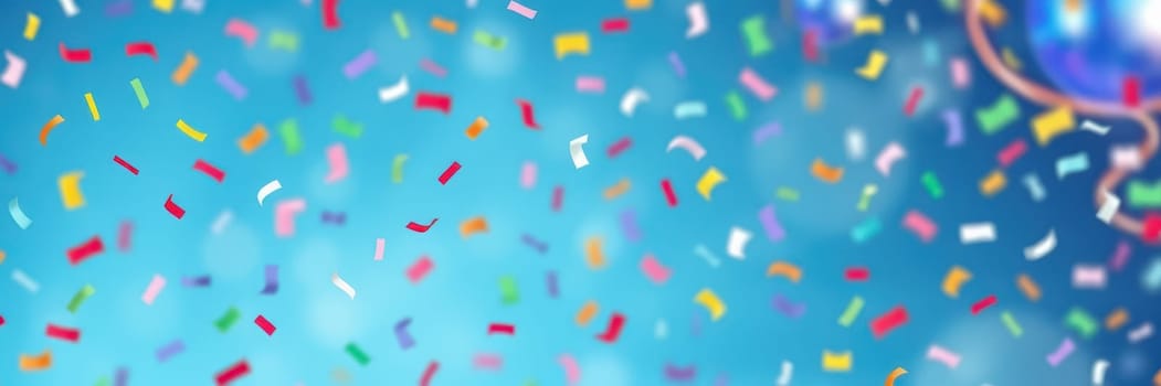 Brightly colored confetti floats through the air, adding a celebratory touch to a lively indoor party packed with joyful guests. The atmosphere is vibrant and festive.