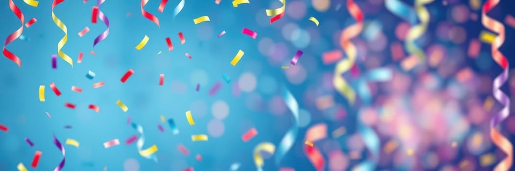Streamers and confetti fall gracefully against a vibrant blue background, adding excitement to a celebration. The lively colors enhance the party atmosphere, inviting joy.