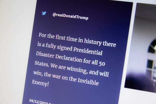 NAMPA, IDAHO - APRIL 14, 2020: trump talking about covid 19 on twitter