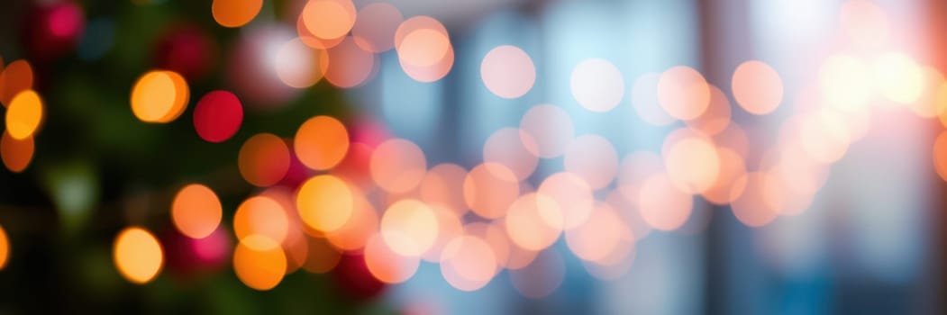 Twinkling lights blur together, evoking the spirit of the holiday season. The warm colors create an inviting atmosphere in a festive indoor space adorned with decorations.