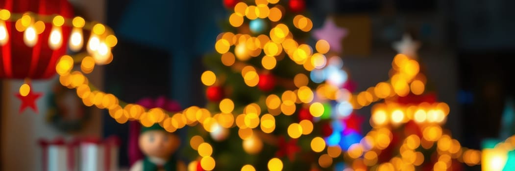 A beautifully decorated Christmas tree sparkles with warm lights and colorful ornaments in a festive atmosphere, enhancing the holiday cheer in the room.