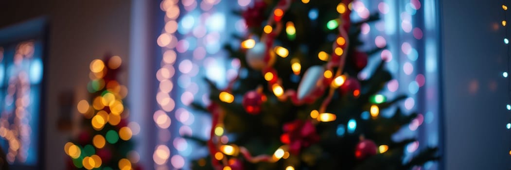 A beautifully decorated Christmas tree adorned with colorful lights and ornaments fills the room with festive cheer. Strands of twinkling lights create a warm and inviting atmosphere.