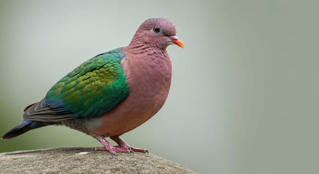 A colorful dove featuring vibrant pink and green plumage perches gracefully on a rock. the soft, blurred background enhances the bird's striking colors, creating a serene and natural setting.