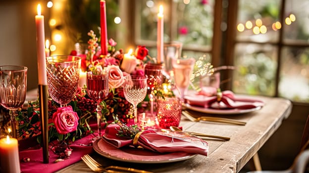 Festive table setting with candles and arrangement of beautiful red flowers. Holiday concept. High quality photo