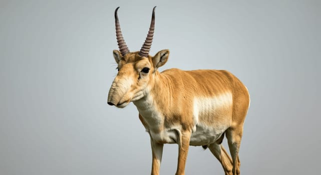 Saiga antelope stands gracefully against a neutral backdrop, its distinctive curved horns and elongated nose. the image emphasizes the unique features of this endangered species, ideal for awareness campaigns.