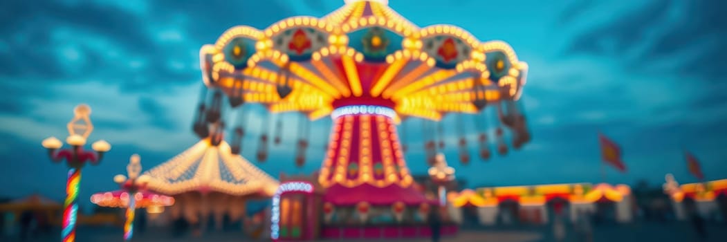 Colorful lights illuminate various amusement rides as people gather in excitement during an evening at the park, enhancing the lively atmosphere of the event.