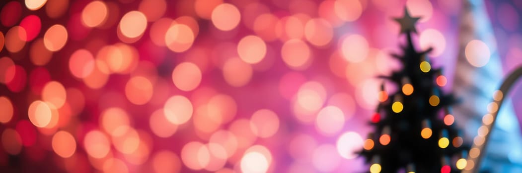 A beautifully decorated Christmas tree stands in the foreground, adorned with sparkling lights. In the background, vibrant fireworks burst against a bokeh of colors, creating a joyful atmosphere.
