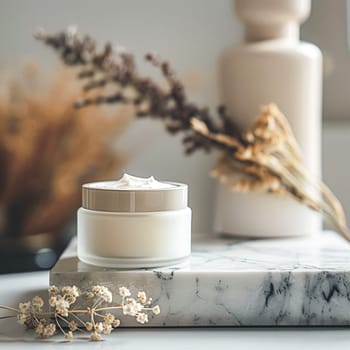 Cosmetic cream in a glass jar. Skin care concept. Background for beauty products