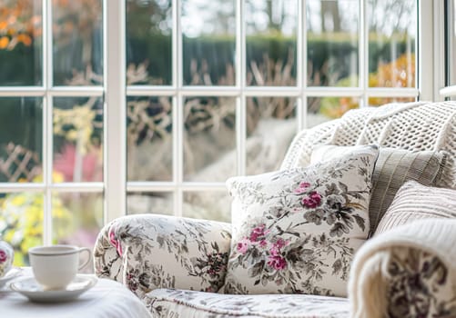 Colorful pillows on sofa against glass wall of window in a winter garden or conservatory. Interior textile concept. High quality photo