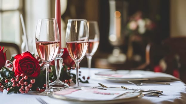 Festive table setting with candles and arrangement of beautiful red flowers. Holiday concept. High quality photo