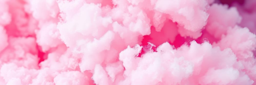 Vibrant pink cotton candy fills the frame, evoking a sense of nostalgia and joy as it is prepared at a summer fair. The fluffy texture and color attract visitors, enhancing the festive atmosphere.