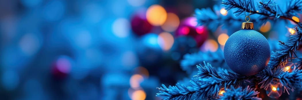 A beautifully decorated Christmas tree stands out with blue ornaments and glowing warm lights. The colorful bokeh effects enhance the festive ambiance, evoking holiday cheer.