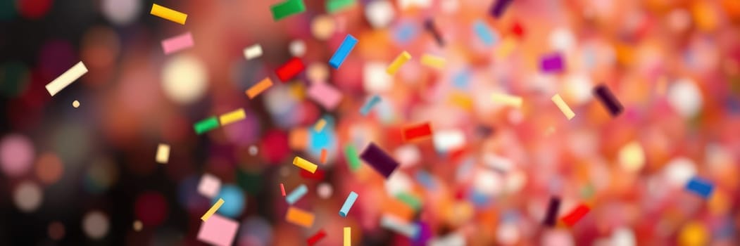 Confetti fills the air in a vibrant display during a lively celebration at night. Colorful pieces scatter as people celebrate, creating a joyful and festive ambiance.