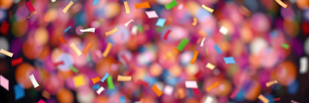 Vibrant confetti showers down amidst a lively celebration, creating a joyful atmosphere filled with colorful decorations and excited energy under the night sky.