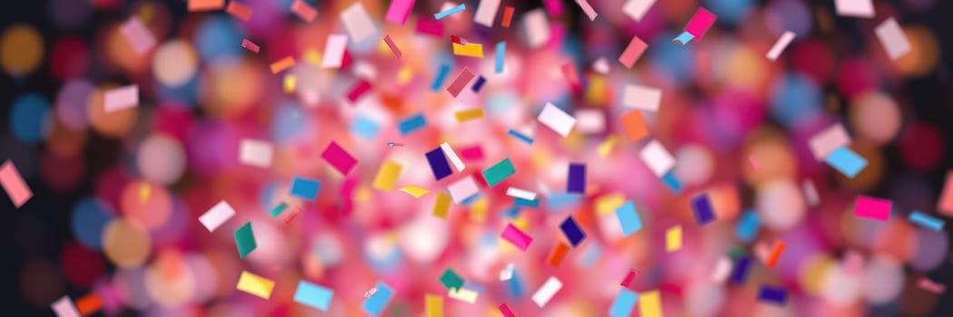 Confetti in various colors cascades through the air during a festive event at night. The vibrant hues create a lively ambiance, enhanced by sparkling lights in the background.
