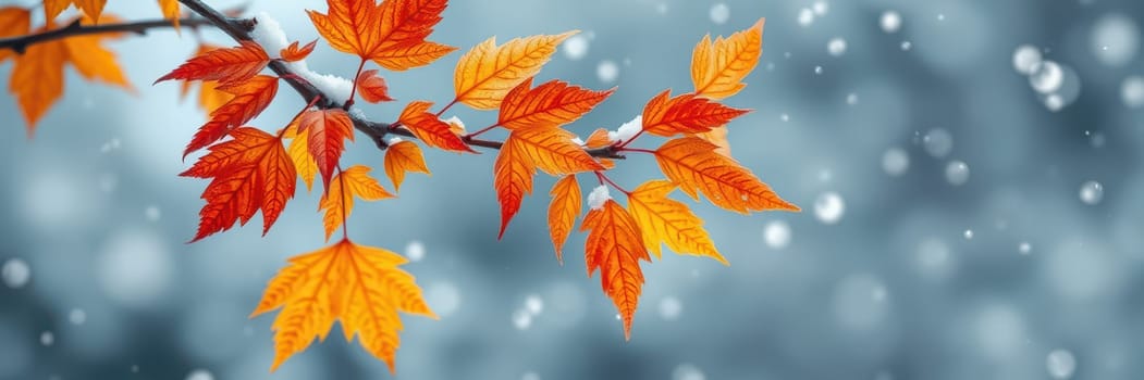 Bright orange leaves cling to a branch while snowflakes fall softly around them, creating a striking contrast in a winter setting. Nature showcases the beauty of the season.