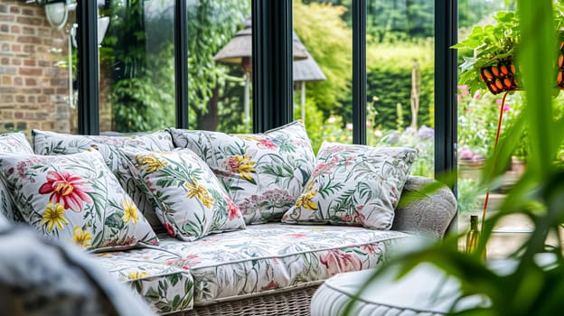 Colorful pillows on sofa against glass wall of window in a winter garden or conservatory. Interior textile concept. High quality photo