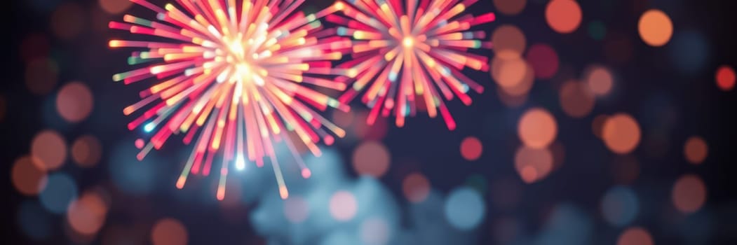 Fireworks burst in a variety of colors, lighting up the dark night sky. Blurry lights in the background enhance the celebratory atmosphere of the event.