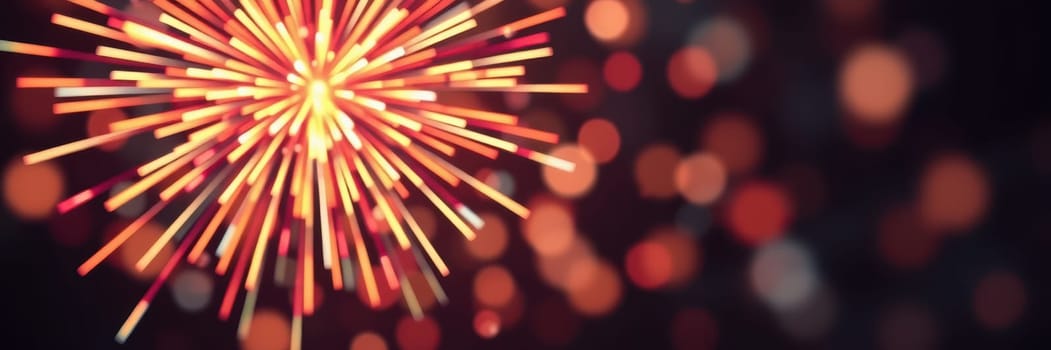 Bright fireworks burst in the night sky, creating dazzling patterns of light. The celebration atmosphere is filled with excitement and joy as spectators enjoy the show.