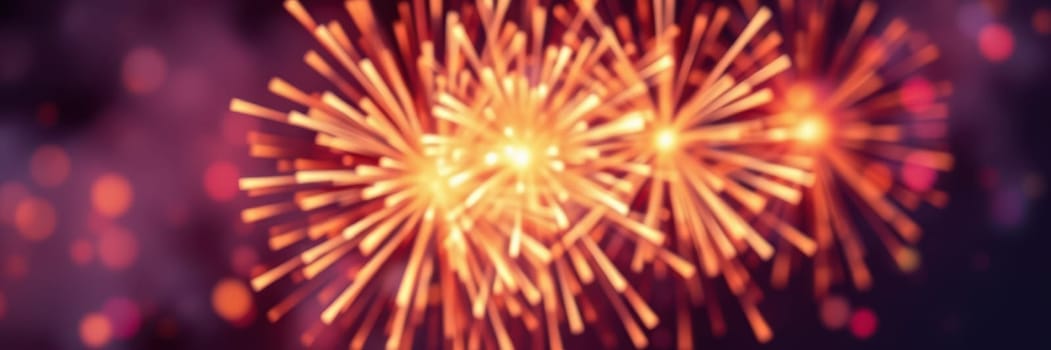 Bright bursts of colorful fireworks light up the night sky, creating a dazzling display. The atmosphere is filled with excitement as people celebrate together in joy.