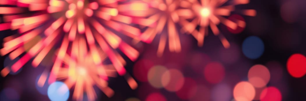 Bright fireworks burst in various colors over a bustling city, creating a festive atmosphere. The night sky sparkles with light as people enjoy the celebration.