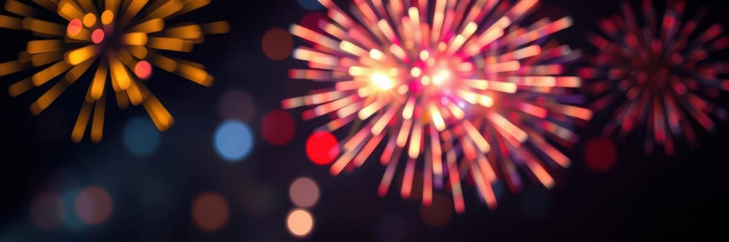 Bright fireworks burst in various colors against a dark night sky, creating a vibrant display. The event features a lively atmosphere with crowds enjoying the celebration.