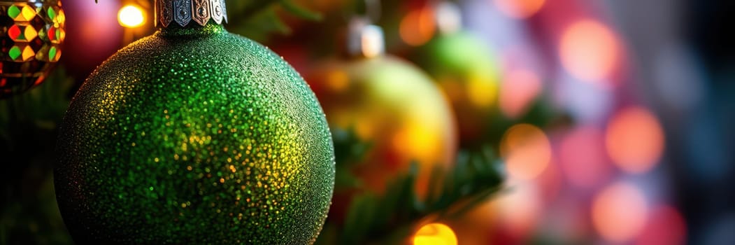 Bright green and golden ornaments hang from a Christmas tree adorned with colorful lights. The festive atmosphere creates a joyful mood, capturing holiday cheer.