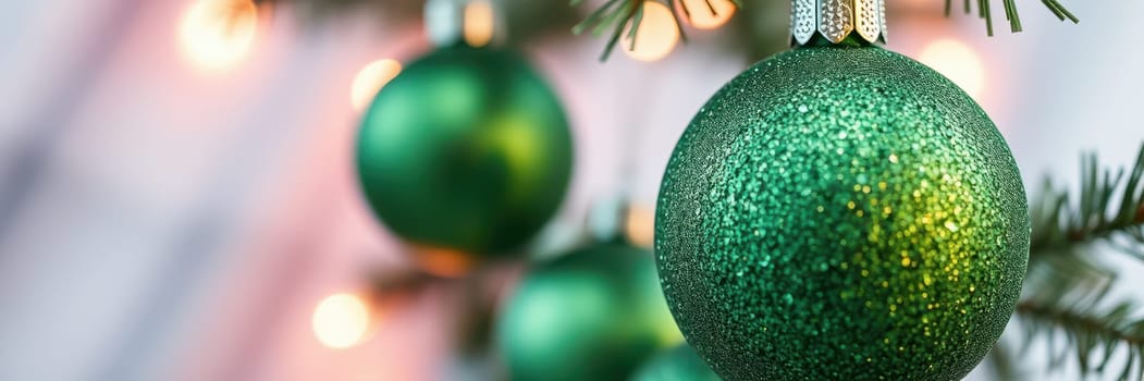 Sparkling green ornaments hang on a beautifully decorated Christmas tree, illuminating a warm and festive atmosphere, perfect for celebrating the holiday season.