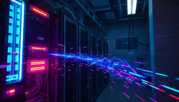 A high-tech data center with illuminated servers and racks. Light streaks show data transfer, with cables and overhead lights.