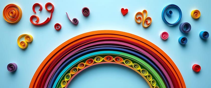 A vibrant quilled paper rainbow with colorful shapes, including hearts and swirls, on a blue background.