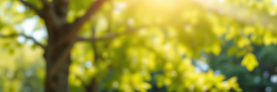 Sunlight dances through the vibrant green leaves of trees, creating a calming atmosphere in a peaceful outdoor area during early summer. Nature's beauty captivates the senses.